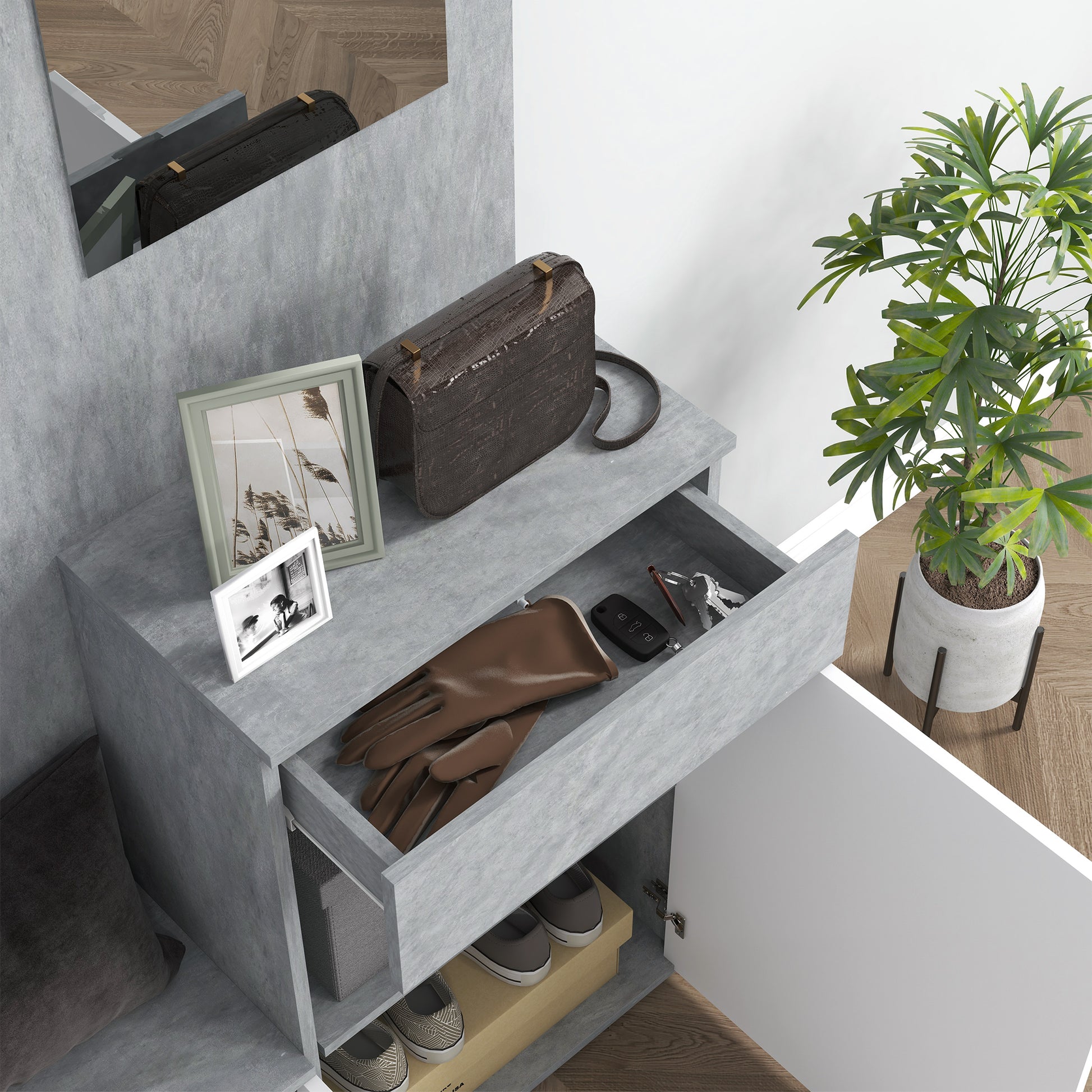 Entryway 4-in-1 Coat Rack Mobile with Mirror, Hooks, and Adjustable Interior Shelves, Multi-Purpose Wood Entryway Mobile with Drawer, 145x29x184 cm, Gray and White