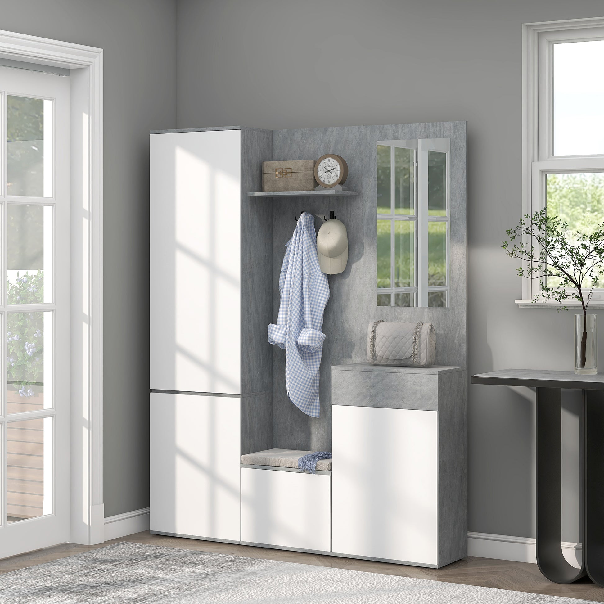 Entryway 4-in-1 Coat Rack Mobile with Mirror, Hooks, and Adjustable Interior Shelves, Multi-Purpose Wood Entryway Mobile with Drawer, 145x29x184 cm, Gray and White