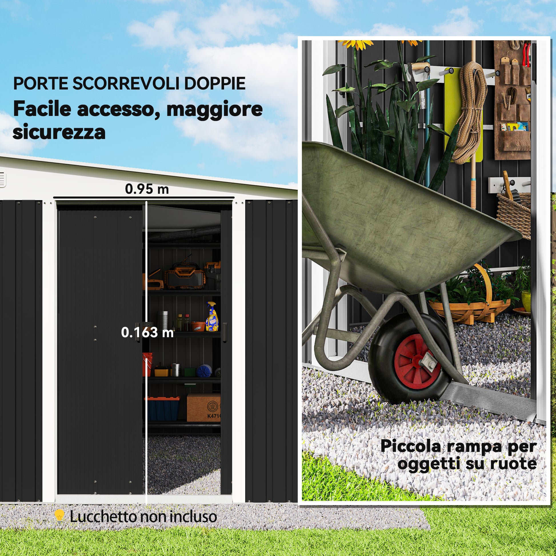 8.9m² Steel Garden Shed with 2 Air Vents, Tool Shed with Sloping Roof, Double Sliding Lockable Doors and Gloves, 280x345x169/201cm, Black