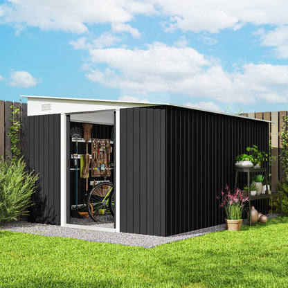 8.9m² Steel Garden Shed with 2 Air Vents, Tool Shed with Sloping Roof, Double Sliding Lockable Doors and Gloves, 280x345x169/201cm, Black