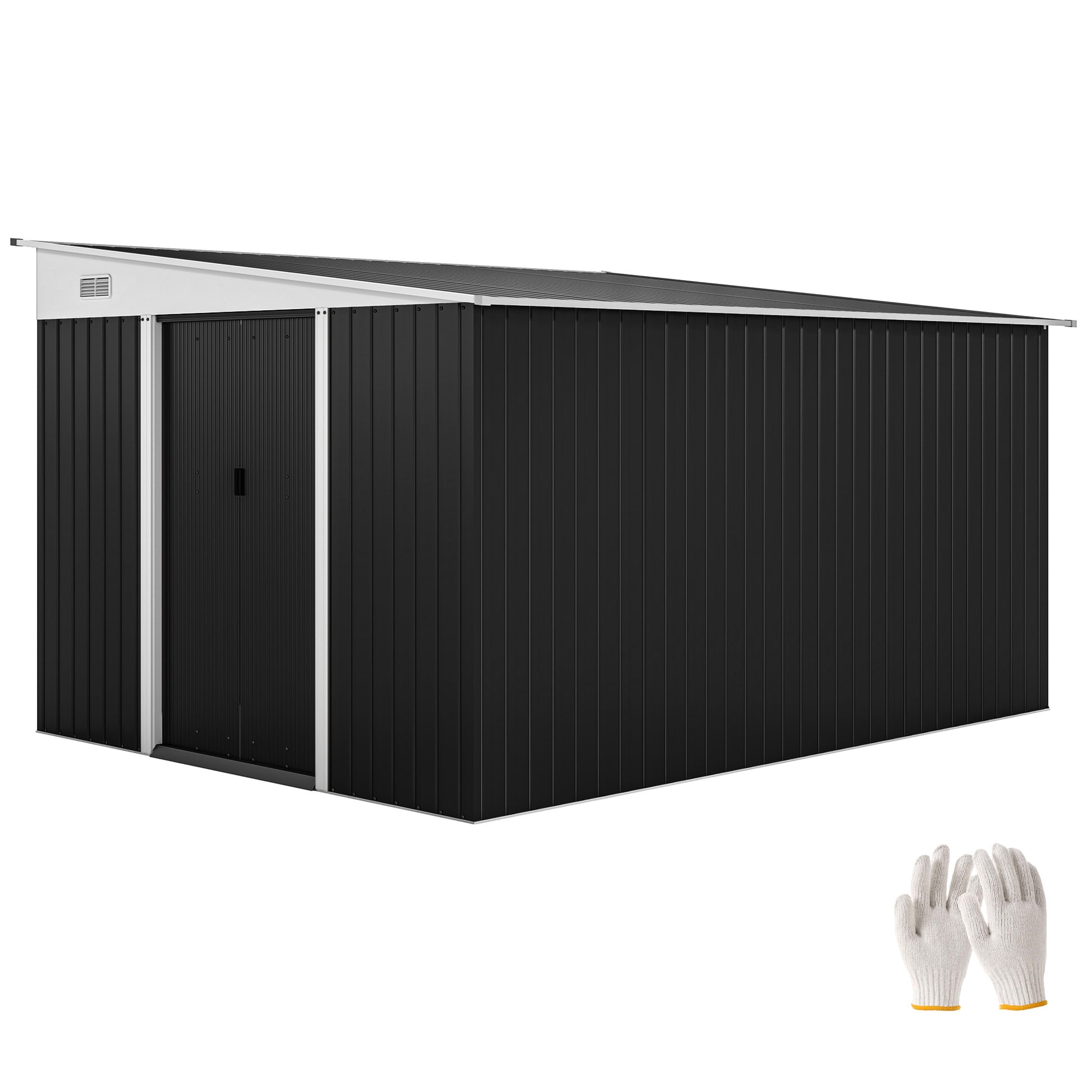 8.9m² Steel Garden Shed with 2 Air Vents, Tool Shed with Sloping Roof, Double Sliding Lockable Doors and Gloves, 280x345x169/201cm, Black