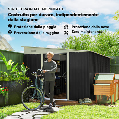 8.9m² Steel Garden Shed with 2 Air Vents, Tool Shed with Sloping Roof, Double Sliding Lockable Doors and Gloves, 280x345x169/201cm, Black