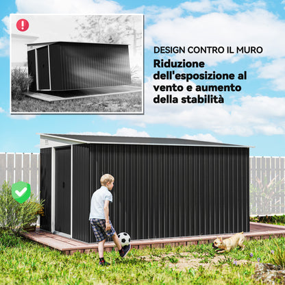 8.9m² Steel Garden Shed with 2 Air Vents, Tool Shed with Sloping Roof, Double Sliding Lockable Doors and Gloves, 280x345x169/201cm, Black