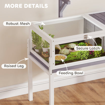 Elevated Wooden Turtle Hutch — Indoor/Outdoor 2-Zone Enclosure with Lamp Holder, Hinged Roof, Sliding Tray & Feeding Bowl — 104 x 53 x 82 cm (41 x 21 x 32 in) — Gray