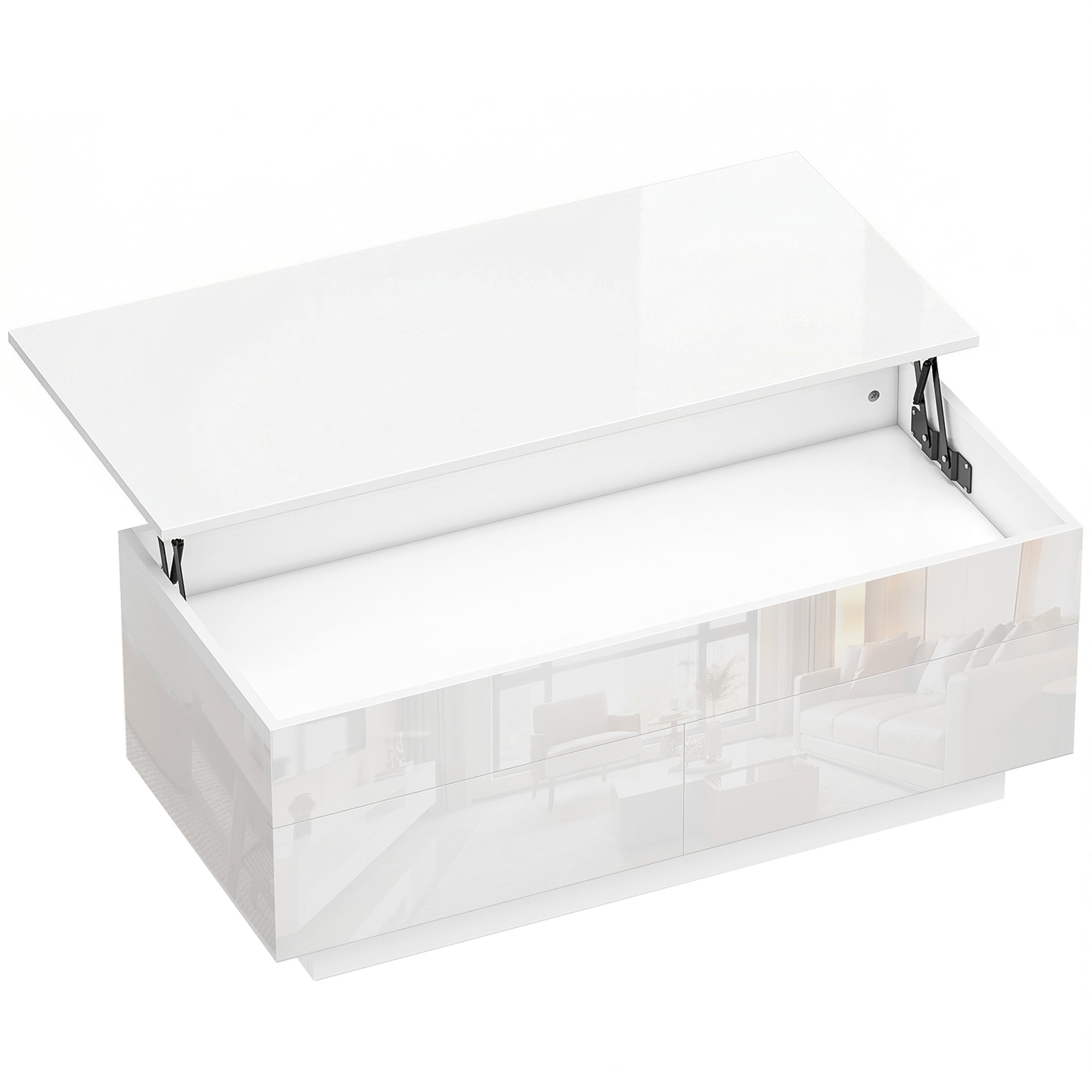 Height-Adjustable Coffee Table with Lift-Top, 2 Drawers & Hidden Compartment — High-Gloss White