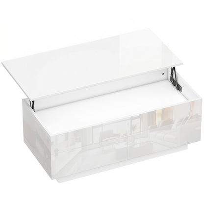 Height-Adjustable Coffee Table with Lift-Top, 2 Drawers & Hidden Compartment — High-Gloss White