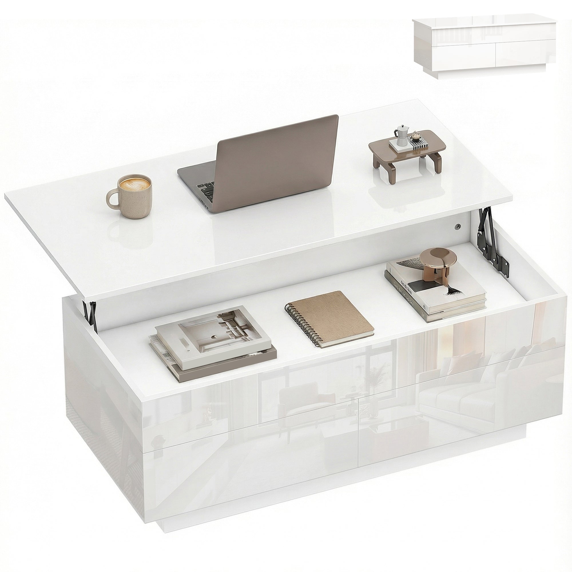 Height-Adjustable Coffee Table with Lift-Top, 2 Drawers & Hidden Compartment — High-Gloss White