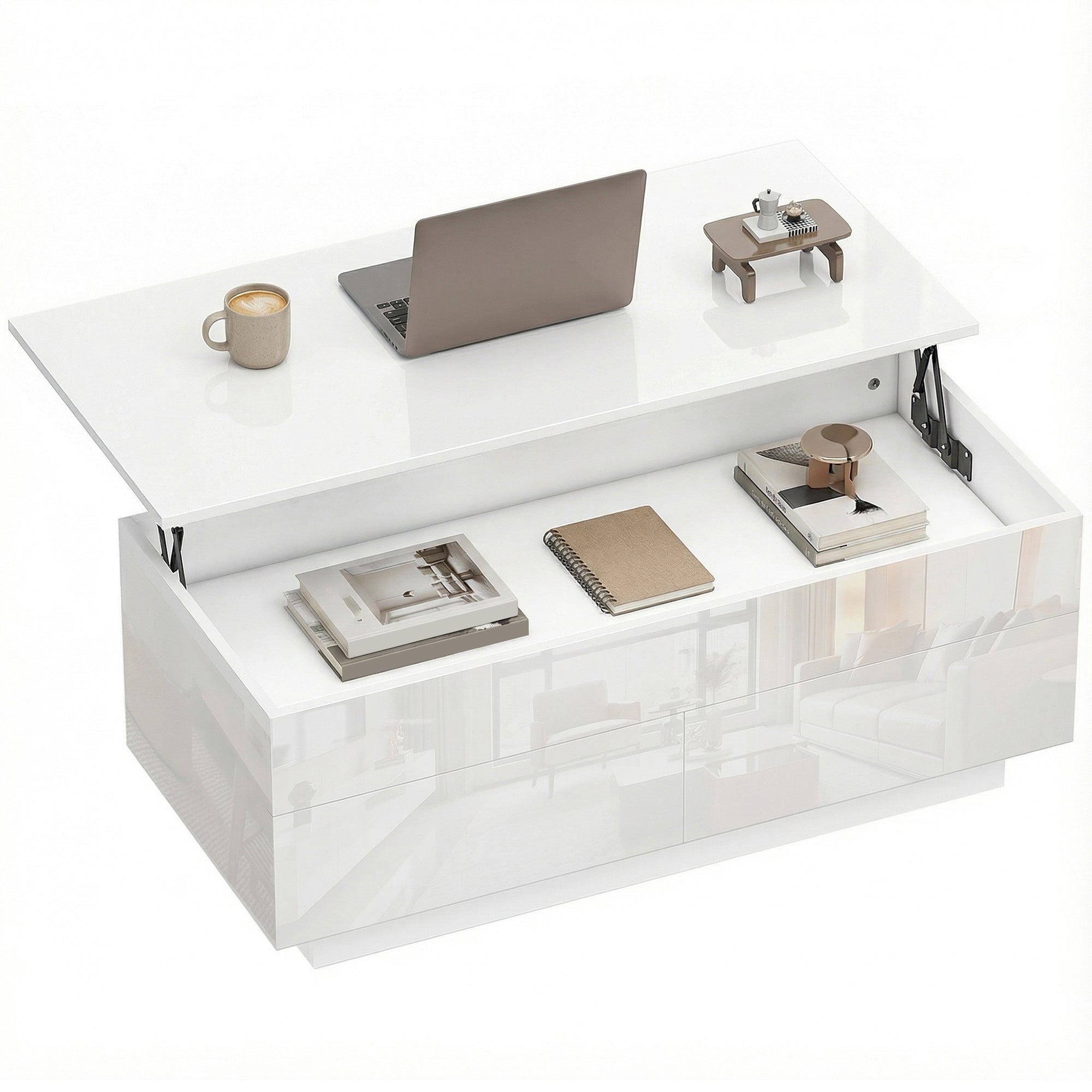 Height-Adjustable Coffee Table with Lift-Top, 2 Drawers & Hidden Compartment — High-Gloss White