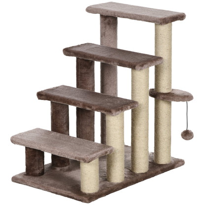 Cat Stairs 4-Step Pet Stairs with Scratching Posts Ball Dog Stairs Animal Stairs for Cats up to 5 kg Plush Jute Brown 60 x 40 x 64 cm