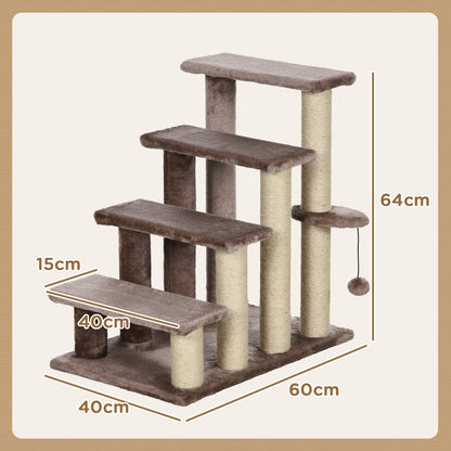 Cat Stairs 4-Step Pet Stairs with Scratching Posts Ball Dog Stairs Animal Stairs for Cats up to 5 kg Plush Jute Brown 60 x 40 x 64 cm