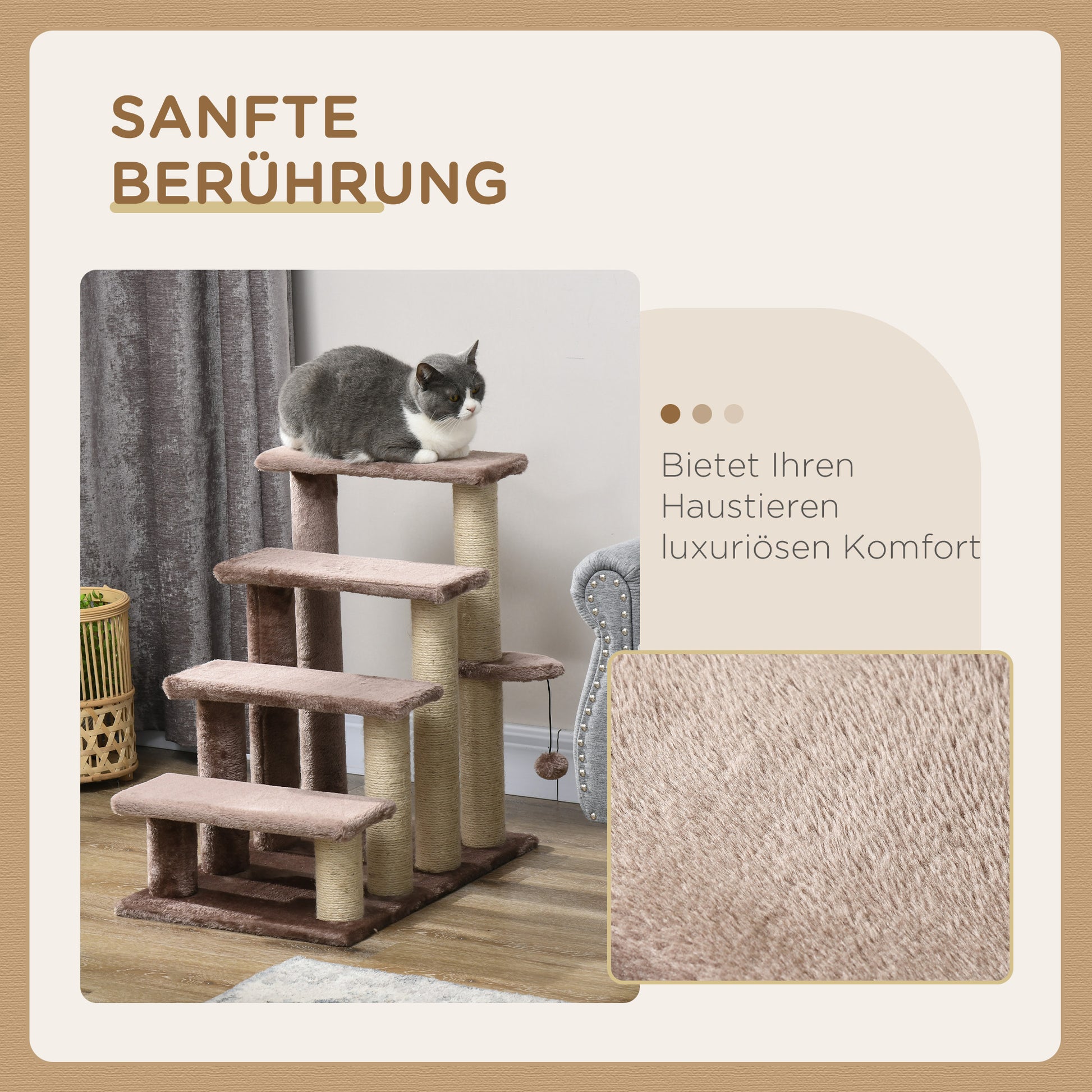 Cat Stairs 4-Step Pet Stairs with Scratching Posts Ball Dog Stairs Animal Stairs for Cats up to 5 kg Plush Jute Brown 60 x 40 x 64 cm