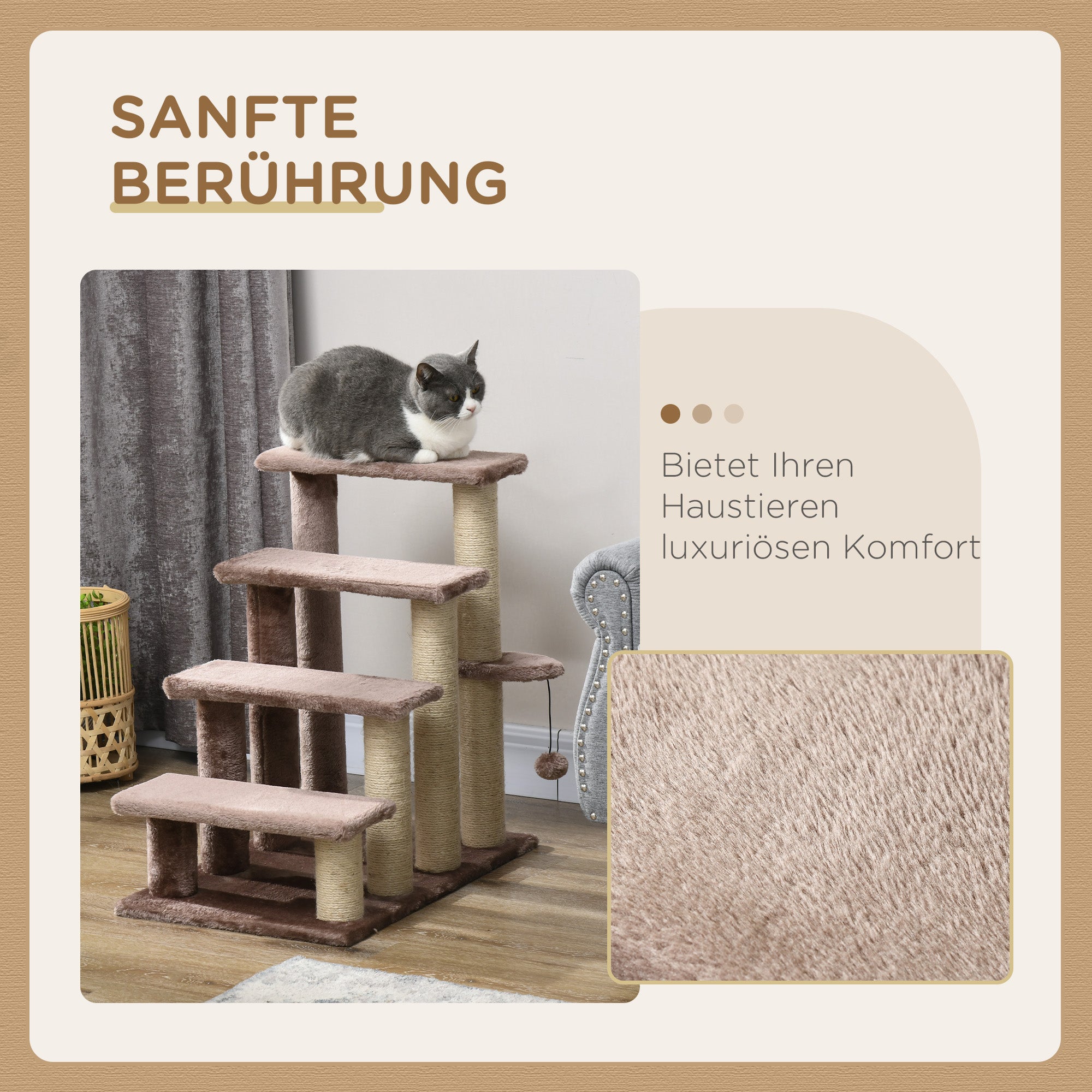 Cat Stairs 4-Step Pet Stairs with Scratching Posts Ball Dog Stairs Animal Stairs for Cats up to 5 kg Plush Jute Brown 60 x 40 x 64 cm