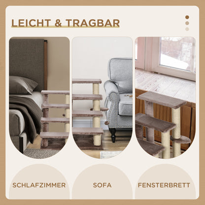 Cat Stairs 4-Step Pet Stairs with Scratching Posts Ball Dog Stairs Animal Stairs for Cats up to 5 kg Plush Jute Brown 60 x 40 x 64 cm