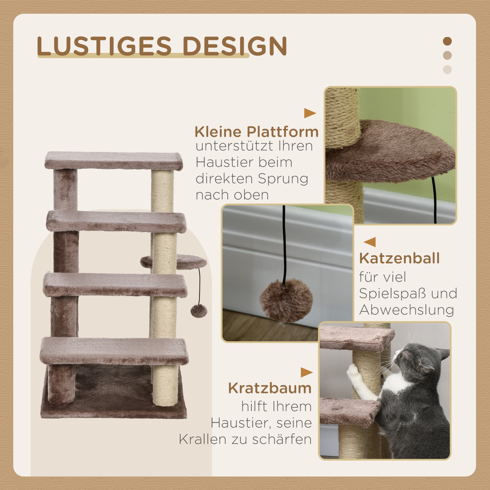 Cat Stairs 4-Step Pet Stairs with Scratching Posts Ball Dog Stairs Animal Stairs for Cats up to 5 kg Plush Jute Brown 60 x 40 x 64 cm