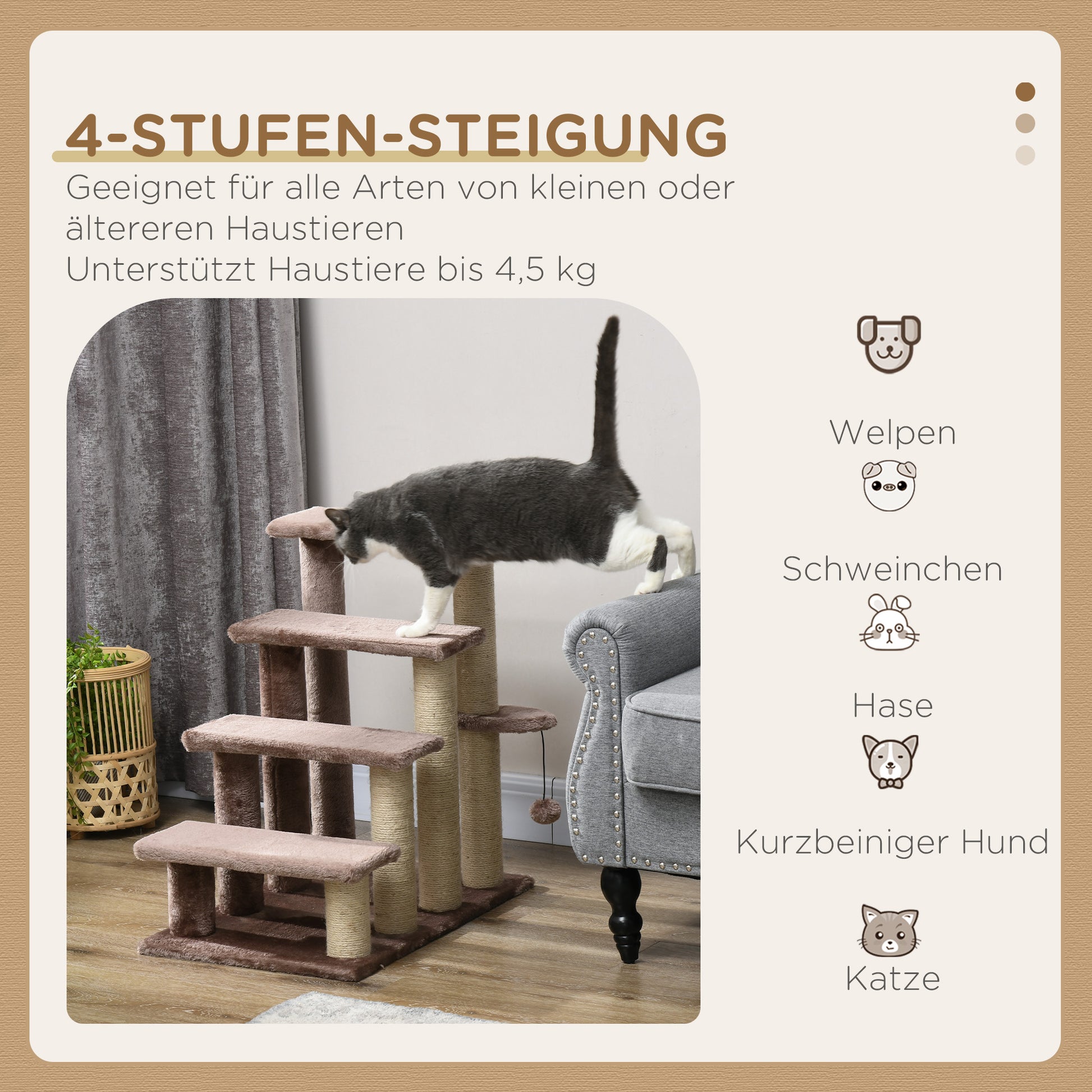Cat Stairs 4-Step Pet Stairs with Scratching Posts Ball Dog Stairs Animal Stairs for Cats up to 5 kg Plush Jute Brown 60 x 40 x 64 cm