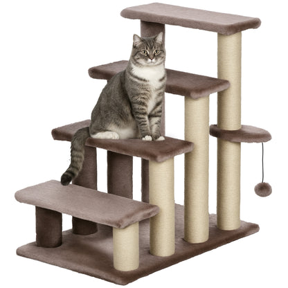 Cat Stairs 4-Step Pet Stairs with Scratching Posts Ball Dog Stairs Animal Stairs for Cats up to 5 kg Plush Jute Brown 60 x 40 x 64 cm