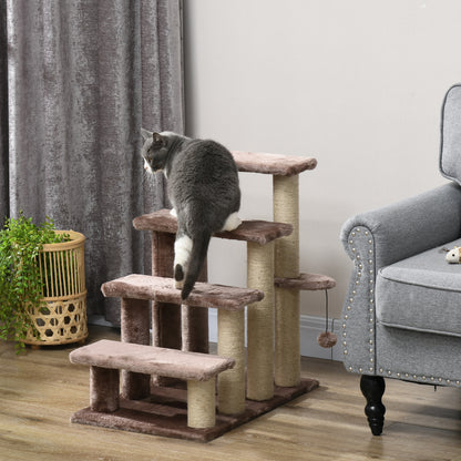 Cat Stairs 4-Step Pet Stairs with Scratching Posts Ball Dog Stairs Animal Stairs for Cats up to 5 kg Plush Jute Brown 60 x 40 x 64 cm