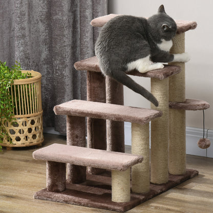 Cat Stairs 4-Step Pet Stairs with Scratching Posts Ball Dog Stairs Animal Stairs for Cats up to 5 kg Plush Jute Brown 60 x 40 x 64 cm