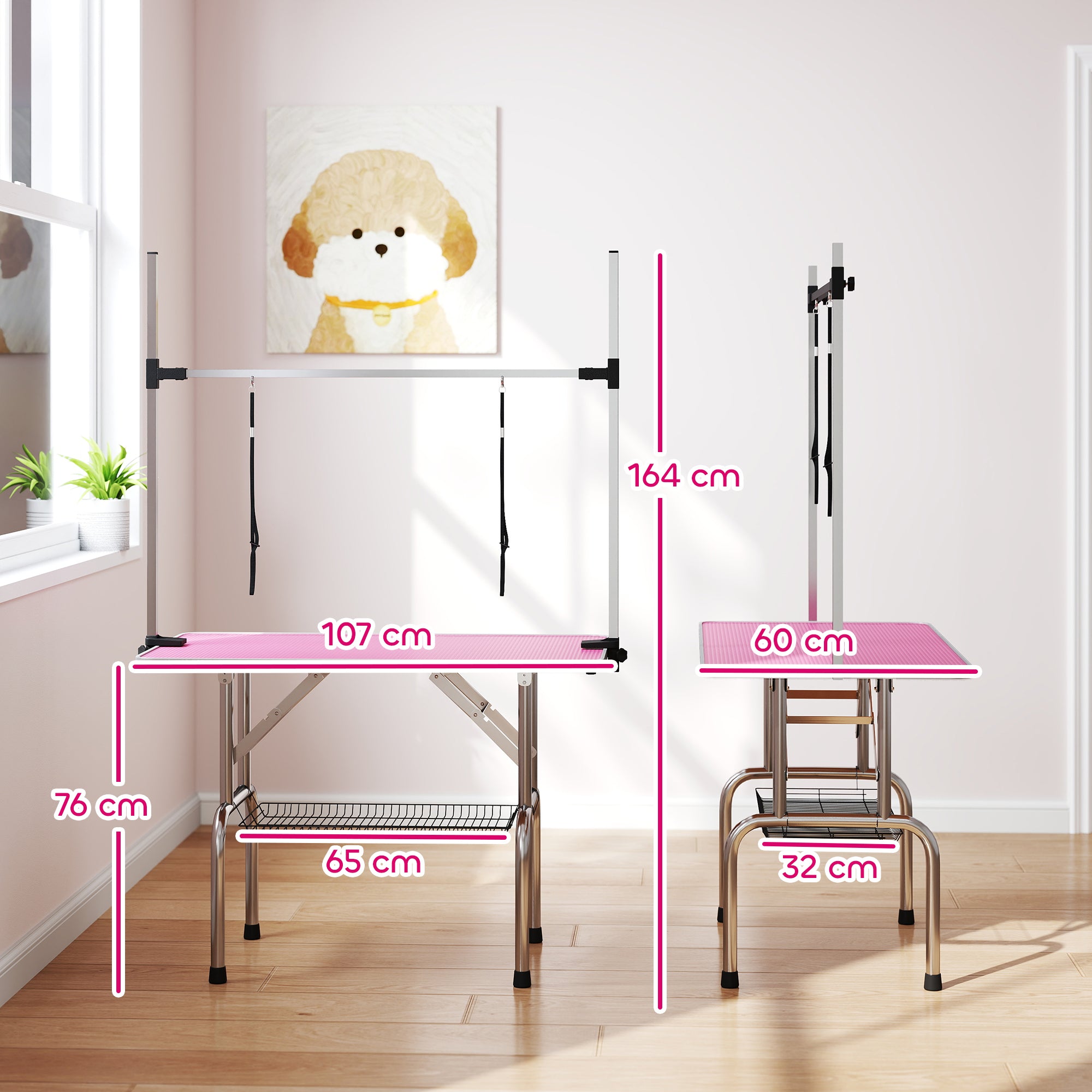 Folding Pet Grooming Table with Metal Mesh Basket, Non-Slip Top, Adjustable Stainless Steel Arm — For Dogs & Cats, 107 x 60 x 164 cm (42.1 x 23.6 x 64.6 in), Pink