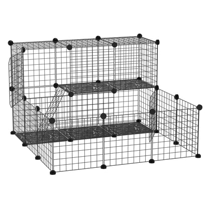 Small Animal DIY Fence with 24 Panels Pet Playpen with Wire Mesh Modular Cage for Guinea Pigs Rabbits Chinchillas 105x105x70 cm Black