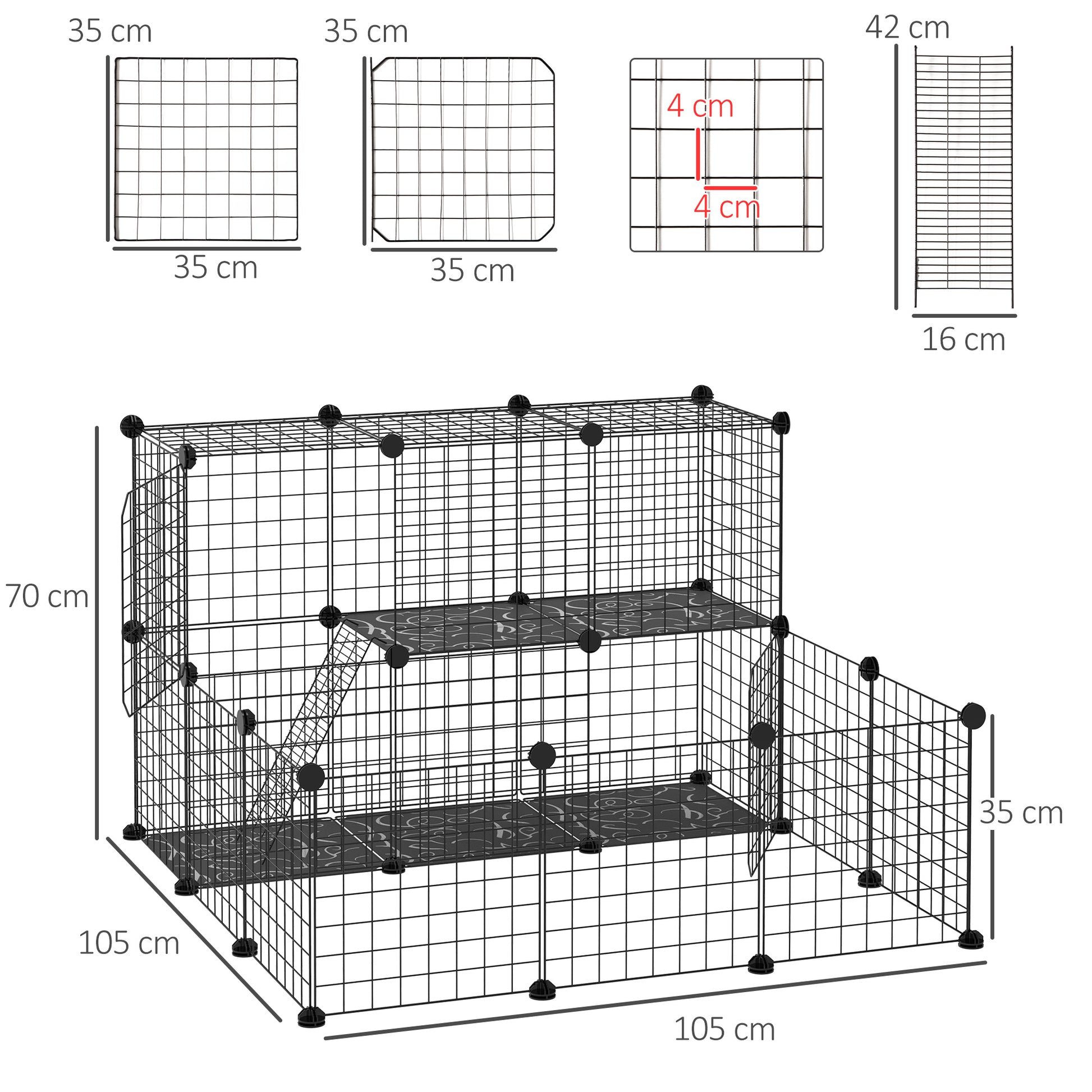Small Animal DIY Fence with 24 Panels Pet Playpen with Wire Mesh Modular Cage for Guinea Pigs Rabbits Chinchillas 105x105x70 cm Black
