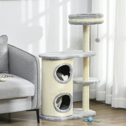 Cat Tree, 100 cm, Climbing Tree with Scratching Post, Cat Scratcher with Sisal Pole and Play Ball, Cat Furniture with Cushion, Plush, Gray