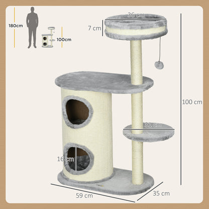 Cat Tree, 100 cm, Climbing Tree with Scratching Post, Cat Scratcher with Sisal Pole and Play Ball, Cat Furniture with Cushion, Plush, Gray