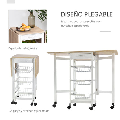 Folding Kitchen Cart Utility Trolley with 6 Wheels 1 Drawer and 3 Metal Baskets Multifunctional Service Cart for Storage Load 50 kg 97.2x37x77.5 cm White and Oak