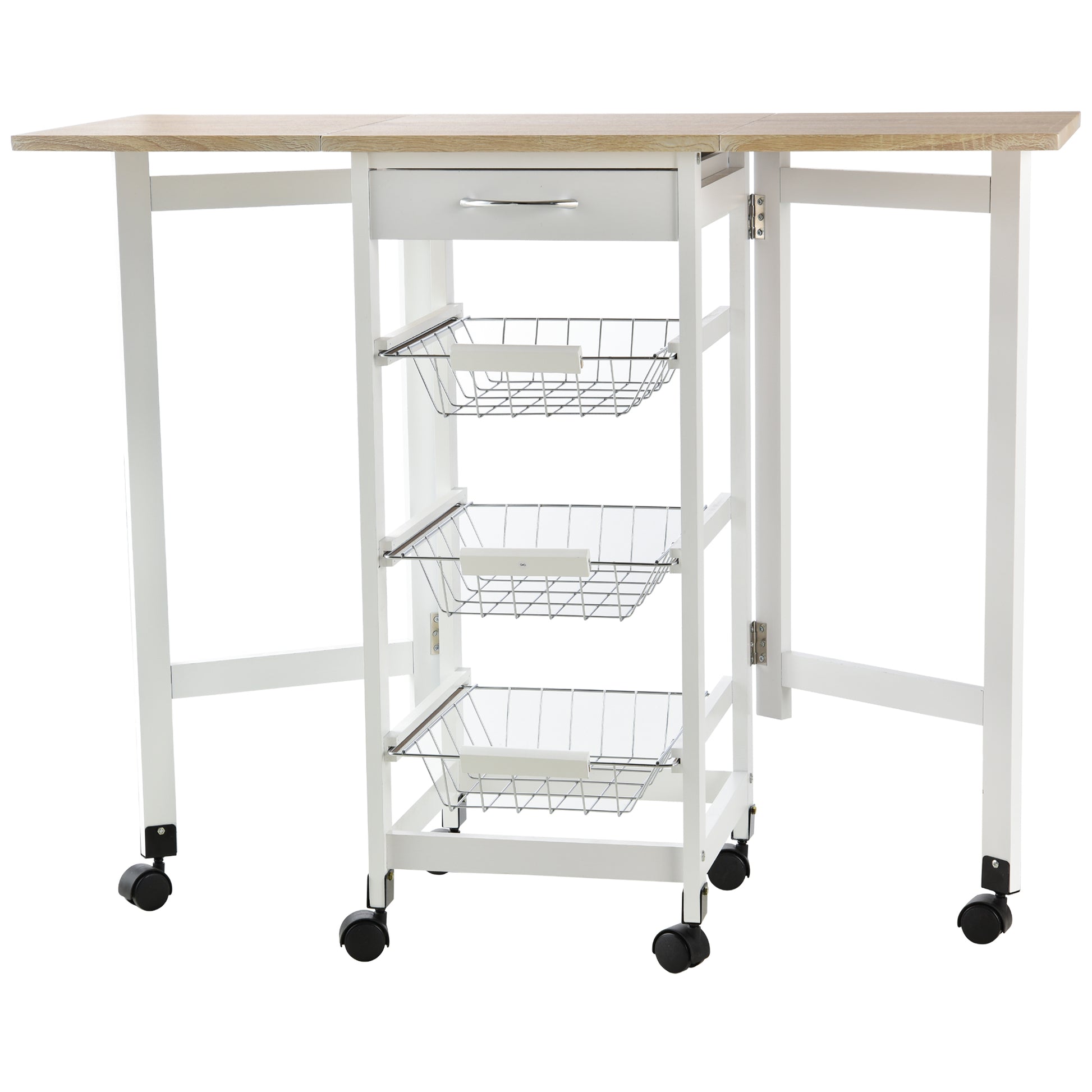 Folding Kitchen Cart Utility Trolley with 6 Wheels 1 Drawer and 3 Metal Baskets Multifunctional Service Cart for Storage Load 50 kg 97.2x37x77.5 cm White and Oak