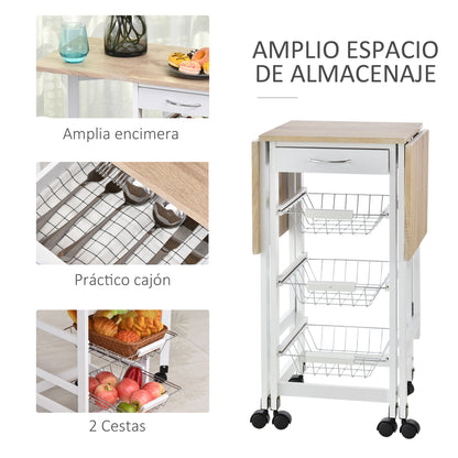 Folding Kitchen Cart Utility Trolley with 6 Wheels 1 Drawer and 3 Metal Baskets Multifunctional Service Cart for Storage Load 50 kg 97.2x37x77.5 cm White and Oak