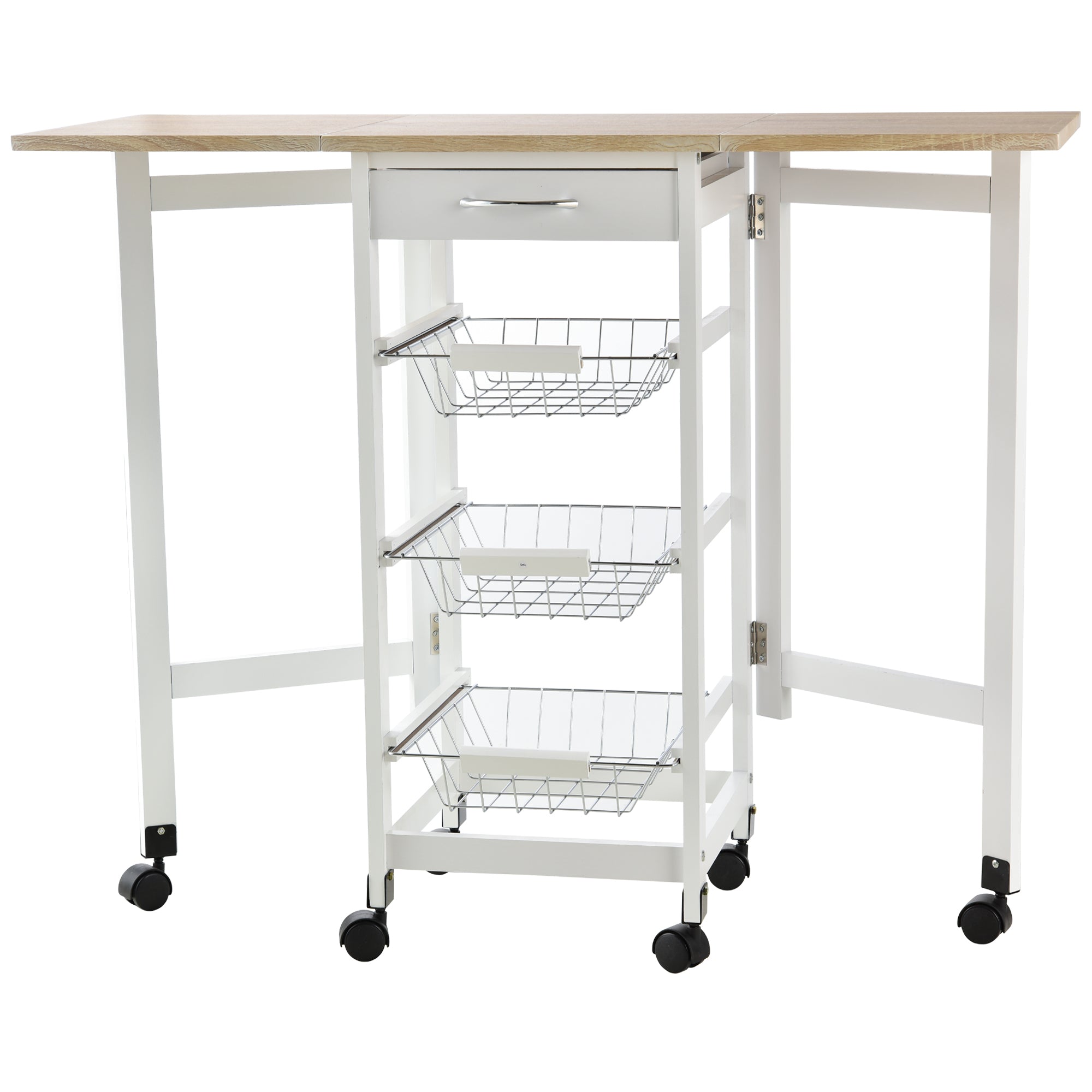 Folding Kitchen Cart Utility Trolley with 6 Wheels 1 Drawer and 3 Metal Baskets Multifunctional Service Cart for Storage Load 50 kg 97.2x37x77.5 cm White and Oak