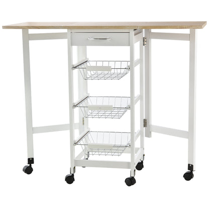 Folding Kitchen Cart Utility Trolley with 6 Wheels 1 Drawer and 3 Metal Baskets Multifunctional Service Cart for Storage Load 50 kg 97.2x37x77.5 cm White and Oak
