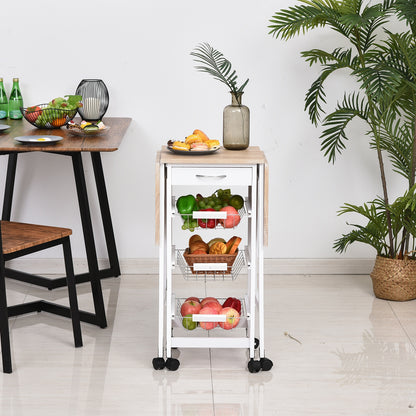 Folding Kitchen Cart Utility Trolley with 6 Wheels 1 Drawer and 3 Metal Baskets Multifunctional Service Cart for Storage Load 50 kg 97.2x37x77.5 cm White and Oak