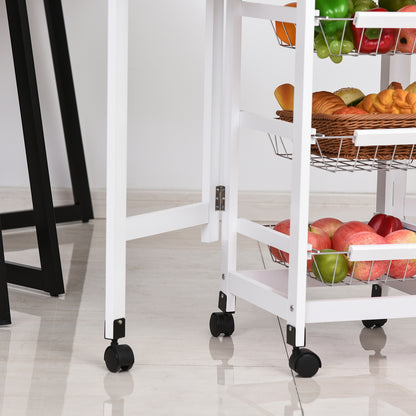 Folding Kitchen Cart Utility Trolley with 6 Wheels 1 Drawer and 3 Metal Baskets Multifunctional Service Cart for Storage Load 50 kg 97.2x37x77.5 cm White and Oak