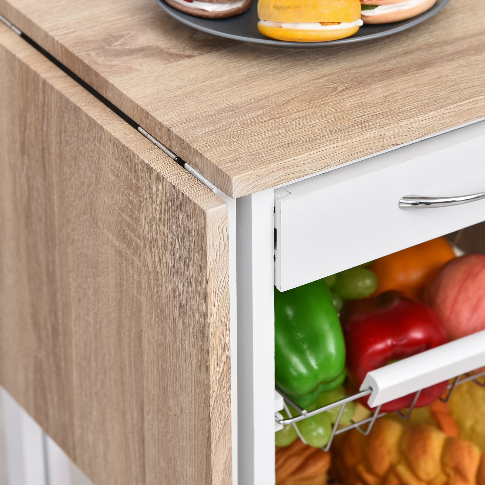Folding Kitchen Cart Utility Trolley with 6 Wheels 1 Drawer and 3 Metal Baskets Multifunctional Service Cart for Storage Load 50 kg 97.2x37x77.5 cm White and Oak
