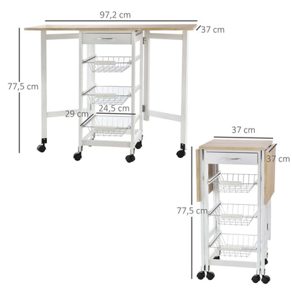 Folding Kitchen Cart Utility Trolley with 6 Wheels 1 Drawer and 3 Metal Baskets Multifunctional Service Cart for Storage Load 50 kg 97.2x37x77.5 cm White and Oak
