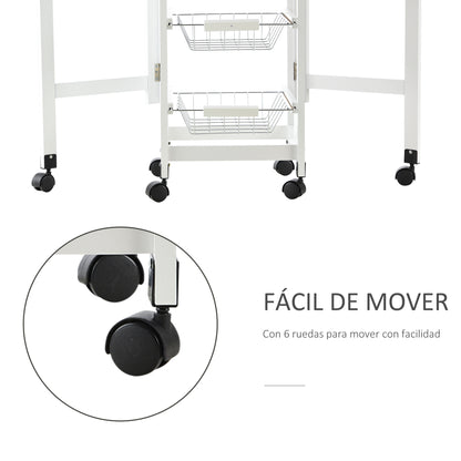 Folding Kitchen Cart Utility Trolley with 6 Wheels 1 Drawer and 3 Metal Baskets Multifunctional Service Cart for Storage Load 50 kg 97.2x37x77.5 cm White and Oak