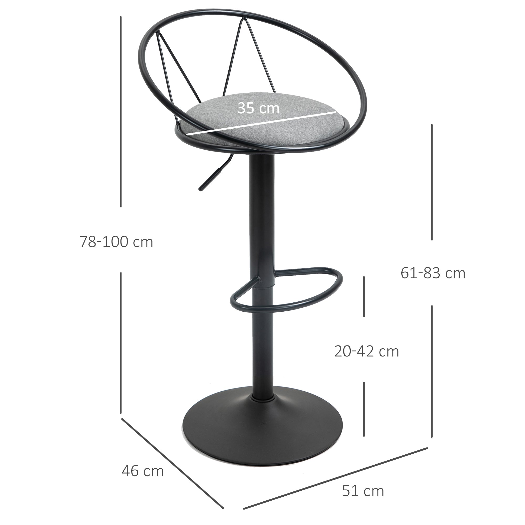 Set of 2 Neo-Retro Design Bar Stools with Adjustable Swivel Metal Footrest Black Grey Linen