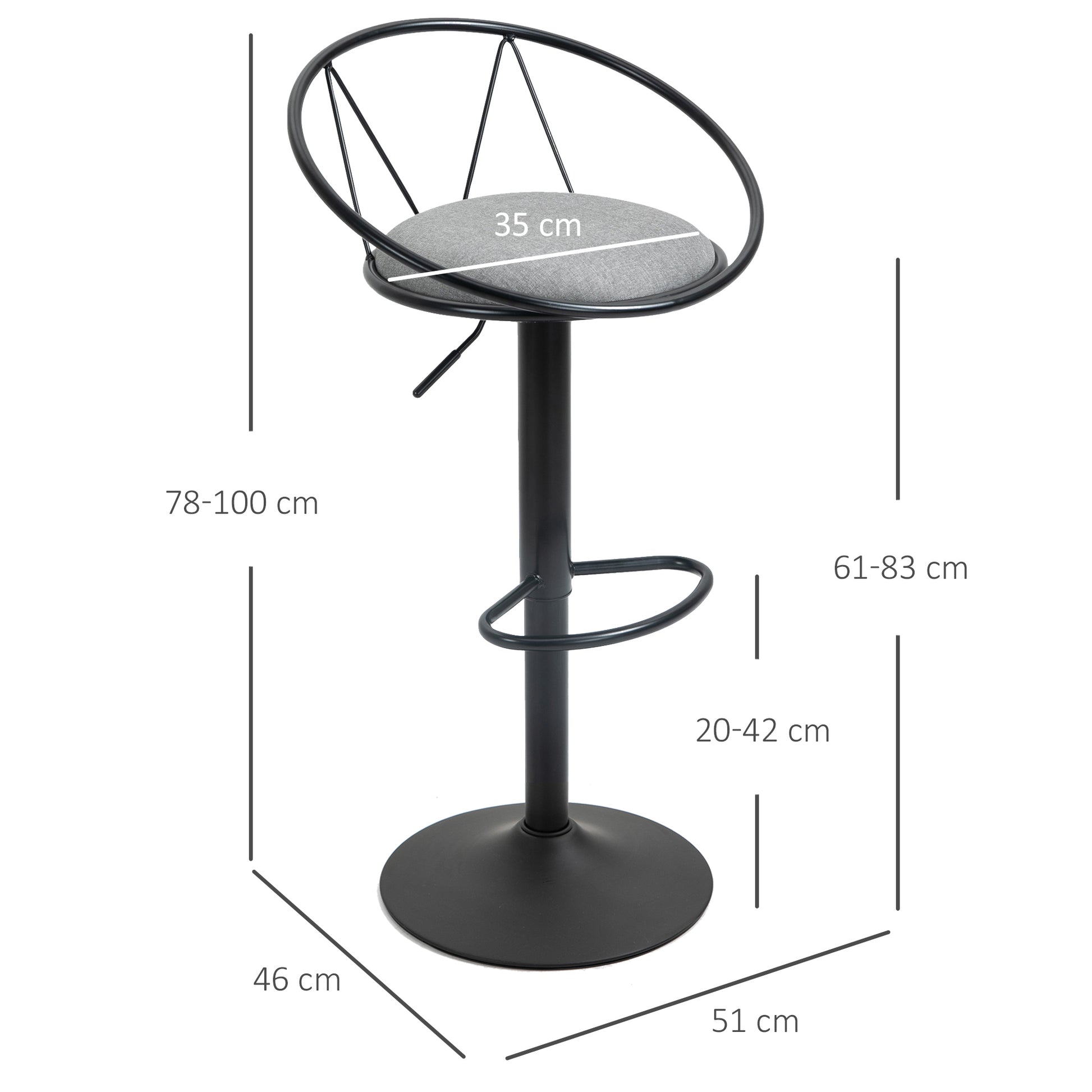 Set of 2 Neo-Retro Design Bar Stools with Adjustable Swivel Metal Footrest Black Grey Linen