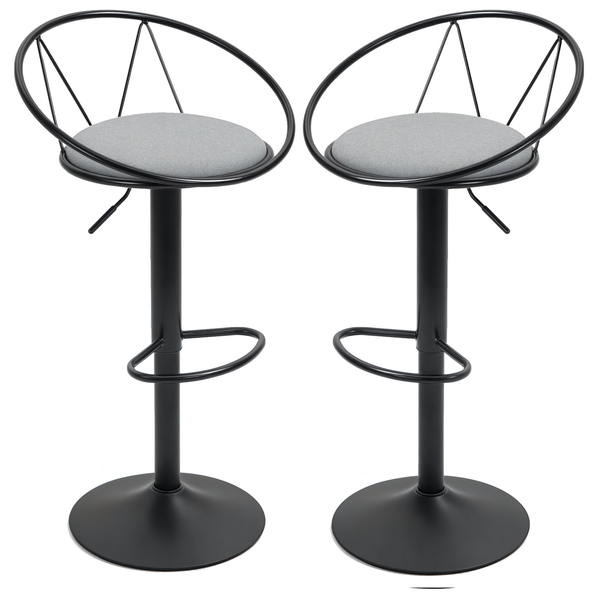 Set of 2 Neo-Retro Design Bar Stools with Adjustable Swivel Metal Footrest Black Grey Linen
