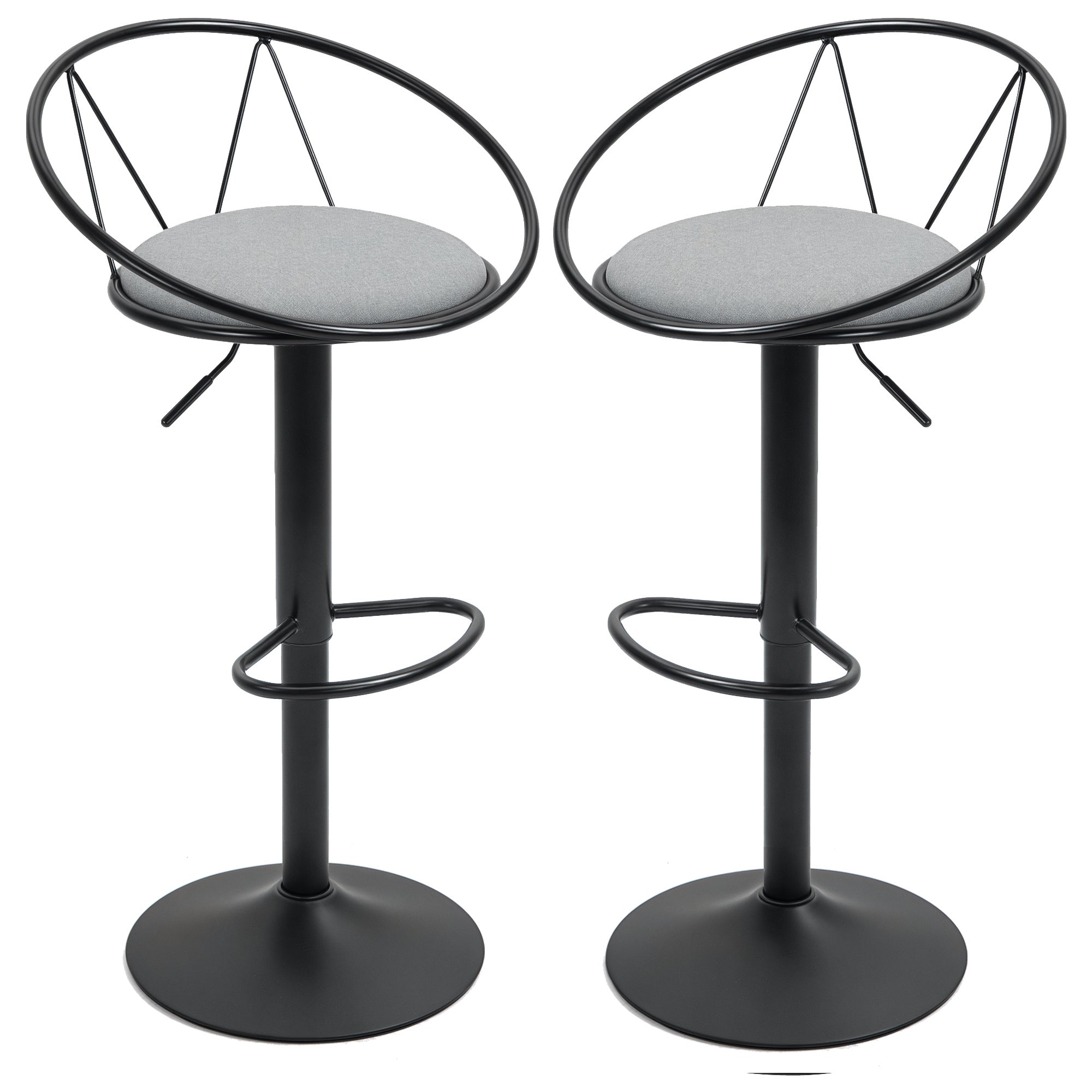 Set of 2 Neo-Retro Design Bar Stools with Adjustable Swivel Metal Footrest Black Grey Linen