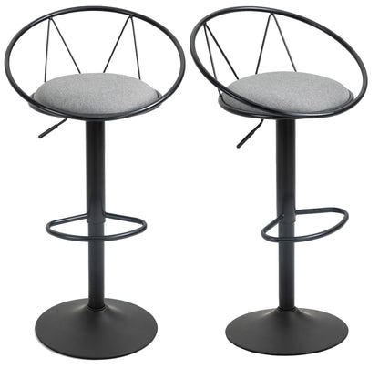 Set of 2 Neo-Retro Design Bar Stools with Adjustable Swivel Metal Footrest Black Grey Linen
