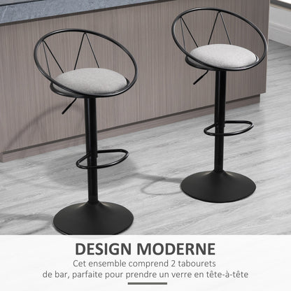 Set of 2 Neo-Retro Design Bar Stools with Adjustable Swivel Metal Footrest Black Grey Linen