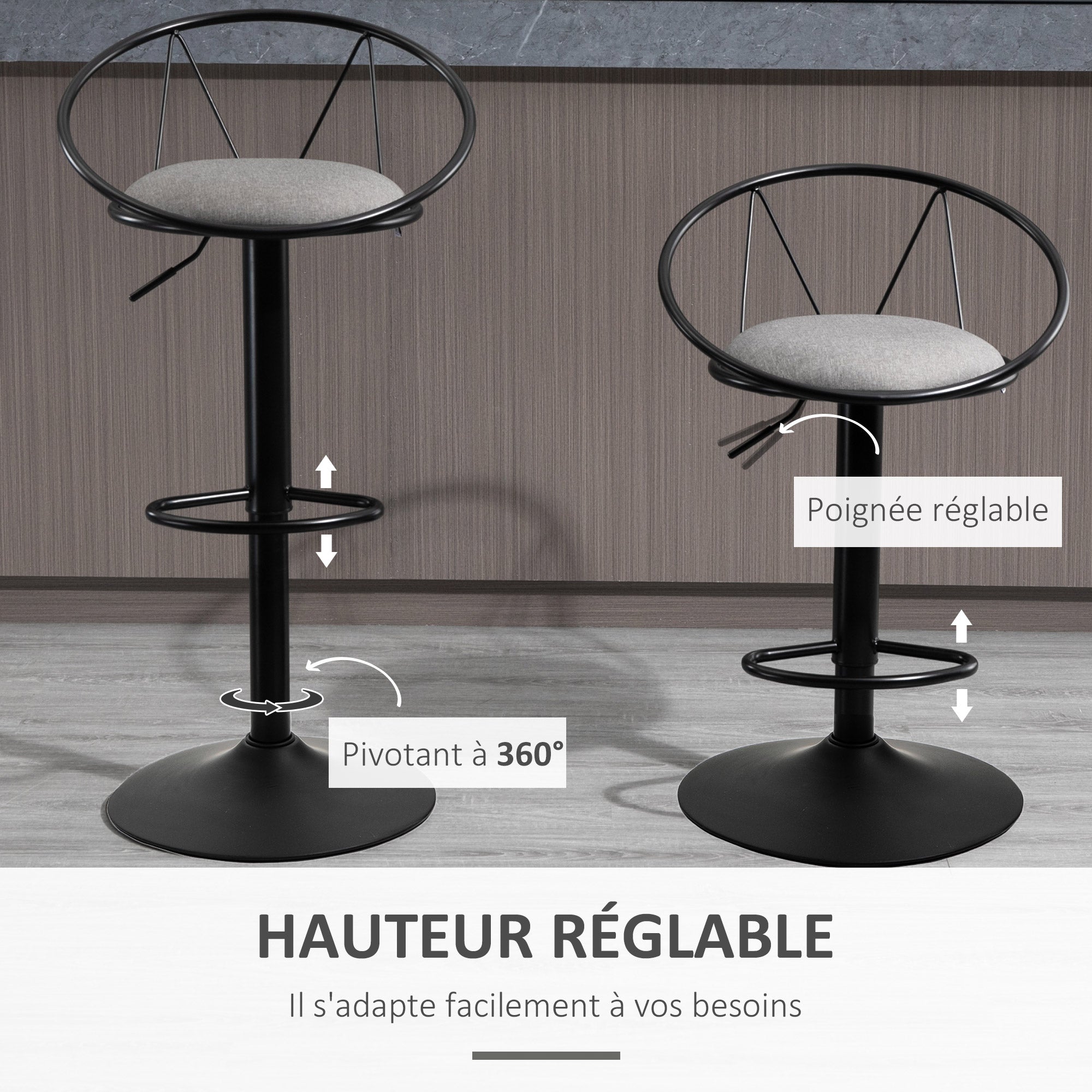 Set of 2 Neo-Retro Design Bar Stools with Adjustable Swivel Metal Footrest Black Grey Linen