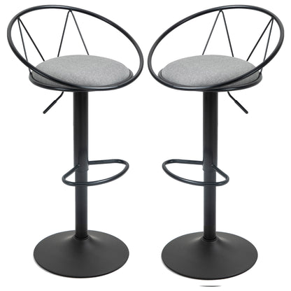 Set of 2 Neo-Retro Design Bar Stools with Adjustable Swivel Metal Footrest Black Grey Linen