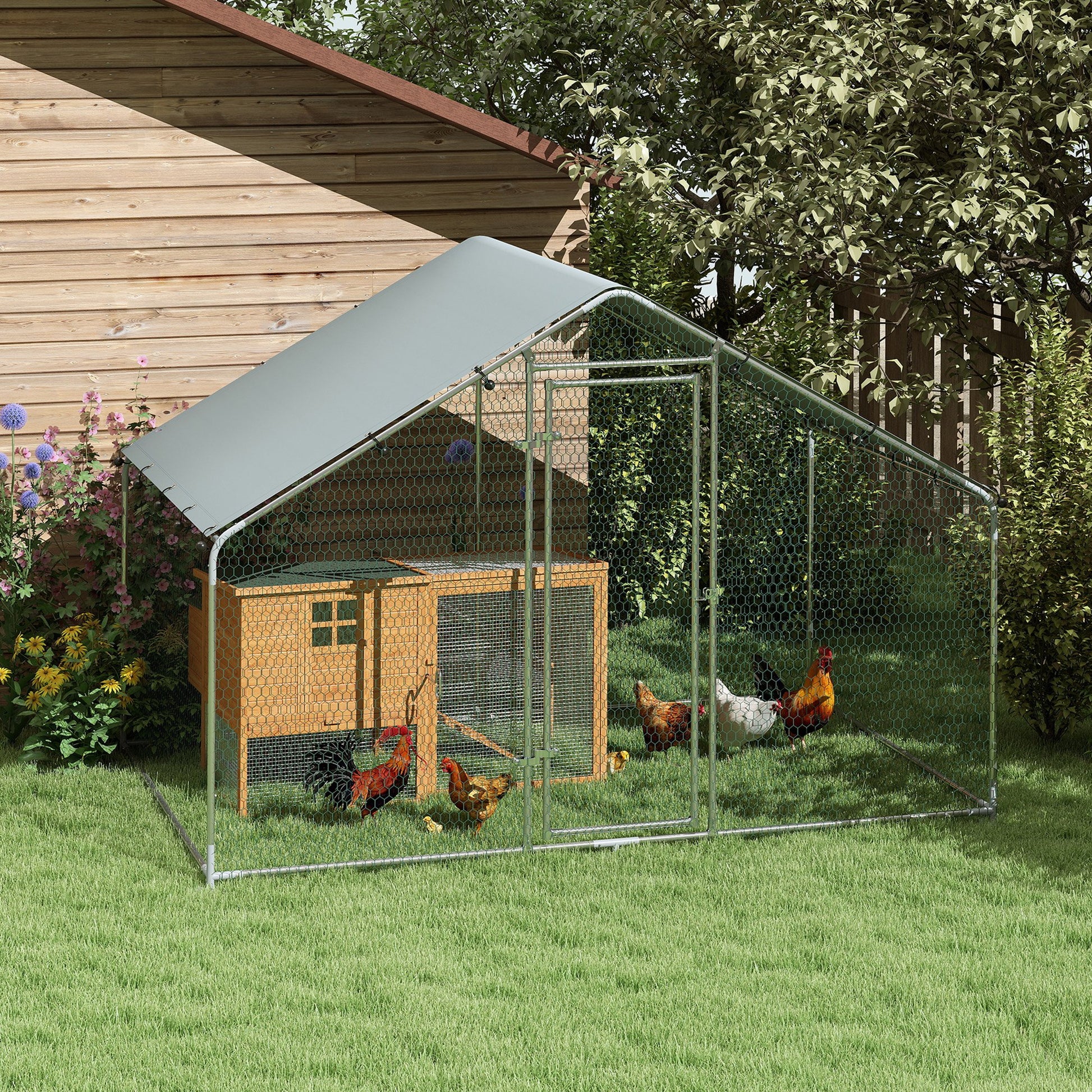 Chicken Coop 3x1.7x1.9 m, Chicken Run for Chickens Rabbits Guinea Pigs Plants, Made of Galvanized Steel with Lock & Waterproof Anti-UV Roof, Outdoor Poultry House Small Animal Cage Silver