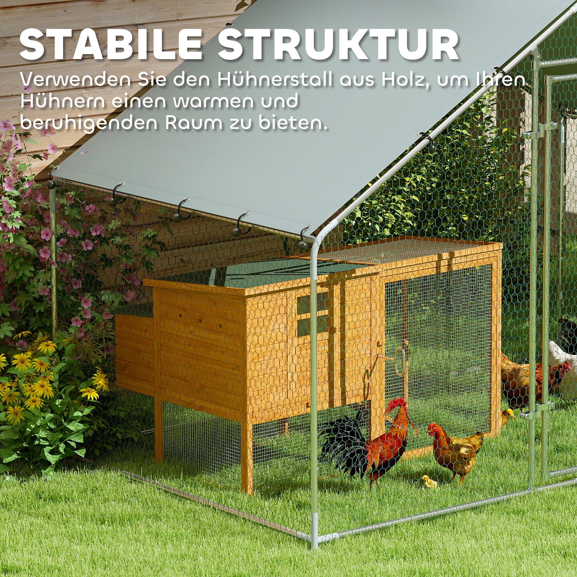 Chicken Coop 3x1.7x1.9 m, Chicken Run for Chickens Rabbits Guinea Pigs Plants, Made of Galvanized Steel with Lock & Waterproof Anti-UV Roof, Outdoor Poultry House Small Animal Cage Silver