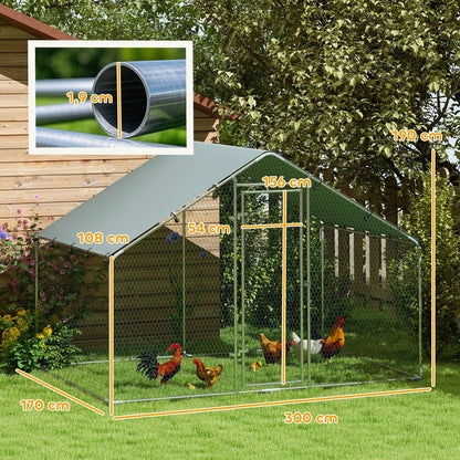 Chicken Coop 3x1.7x1.9 m, Chicken Run for Chickens Rabbits Guinea Pigs Plants, Made of Galvanized Steel with Lock & Waterproof Anti-UV Roof, Outdoor Poultry House Small Animal Cage Silver