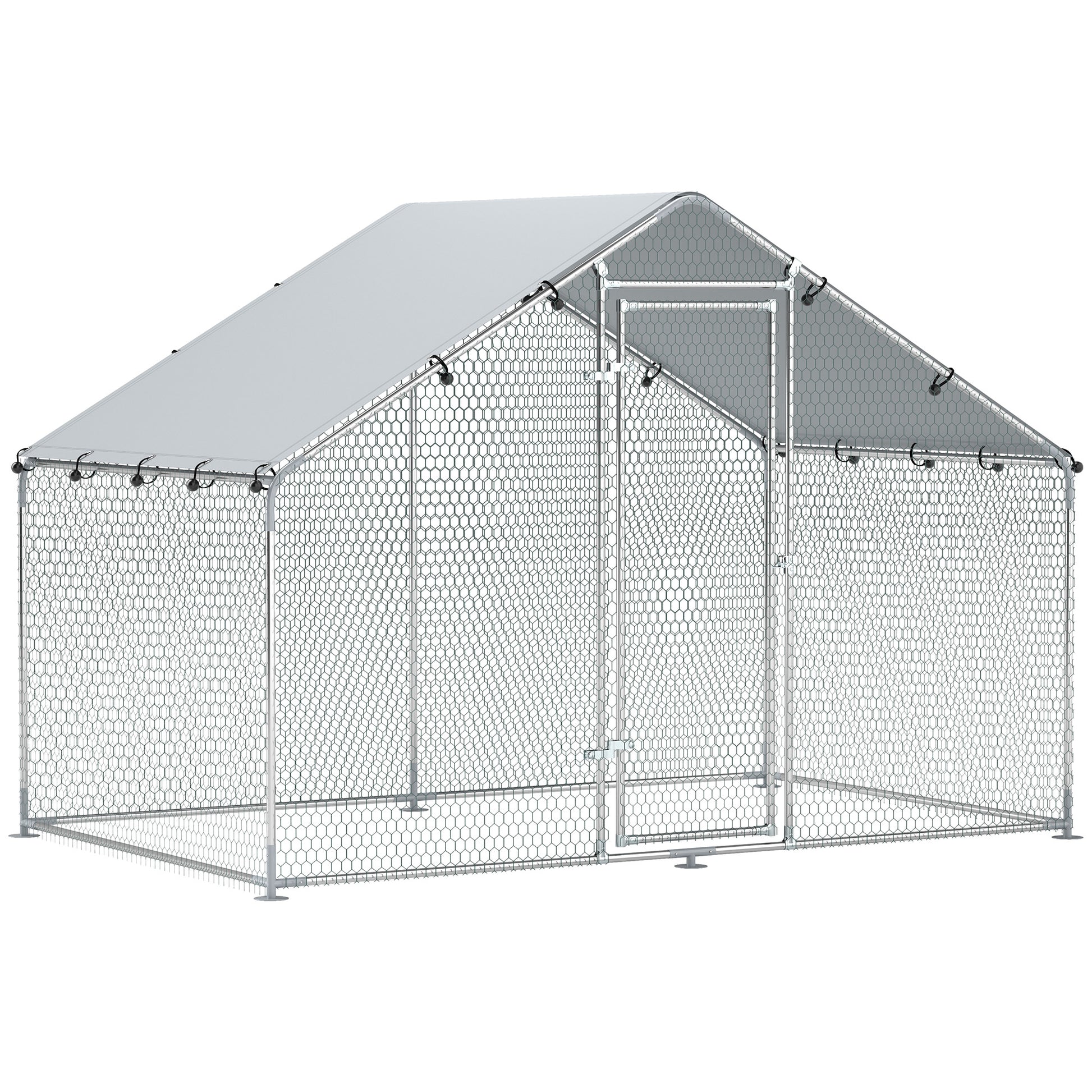 Chicken Coop 3x1.7x1.9 m, Chicken Run for Chickens Rabbits Guinea Pigs Plants, Made of Galvanized Steel with Lock & Waterproof Anti-UV Roof, Outdoor Poultry House Small Animal Cage Silver