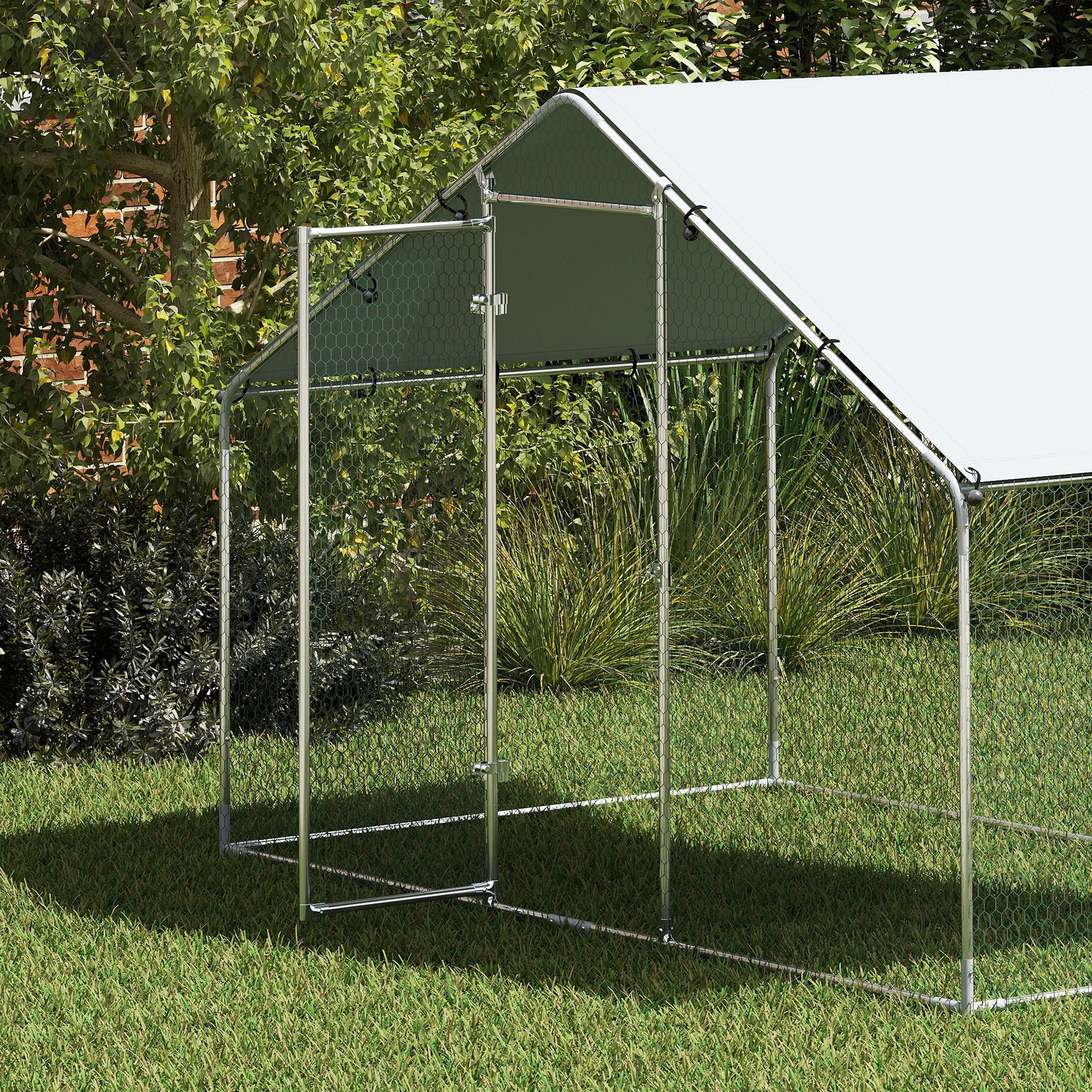 Chicken Coop 3x1.7x1.9 m, Chicken Run for Chickens Rabbits Guinea Pigs Plants, Made of Galvanized Steel with Lock & Waterproof Anti-UV Roof, Outdoor Poultry House Small Animal Cage Silver